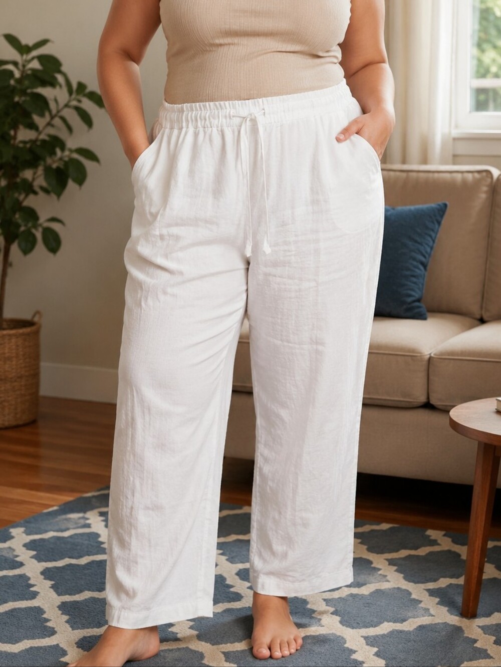 NWT Liz Claiborne White Linen Blend Wide Leg Drawstring Pants Size XL